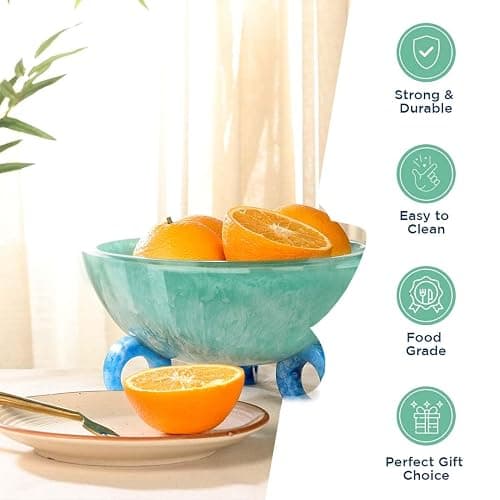 Folkulture Fruit Bowl for Kitchen Counter, 9" Resin Decorative Bowl, Centerpiece Table Decorations, Fruit Basket for Coffee Table Décor, Kitchen Counter Décor, Pedestal Bowl - 9" X 5" - Aqua Teal thumbnail 3