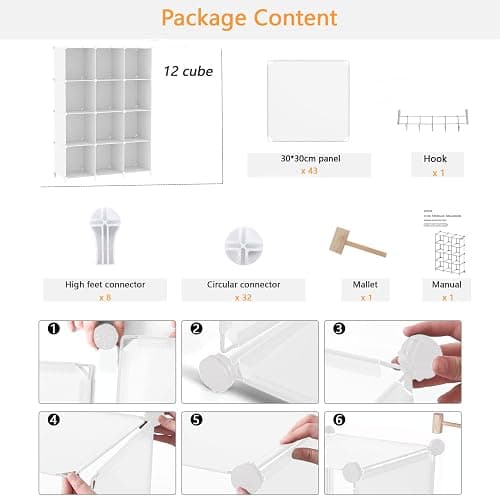 AWTATOS Cube Storage Organizer Storage 12 Cube Bookshelf DIY Plastic Closet Clothes Storage Shelves with Wooden Mallet, Stackable Storage Solution for Home, Bedroom, White thumbnail 7