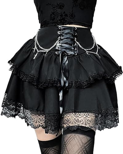Skirts for Women Lace Up Double Layered Ruffles Skirts Gothic Punk Emo Skirt High Waist Skirt - Image 1