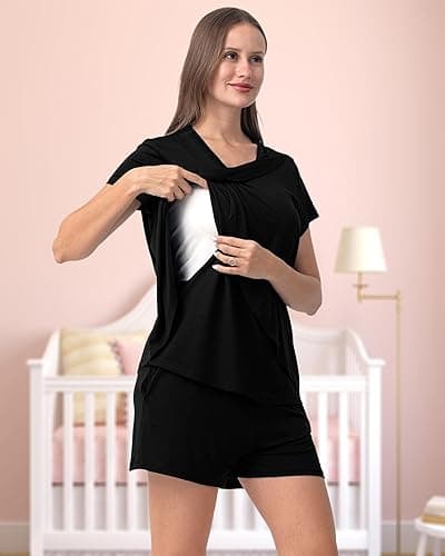 Rnxrbb V Neck Nursing Pajamas Set 3 Pack Postpartum Pjs Breastfeeding Sleepwear for Women Double Layer with Pockets - Medium - Black thumbnail 3