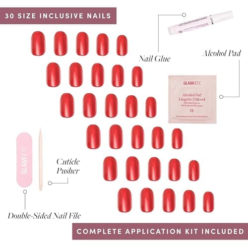 Glamnetic Press On Nails - Short Round, Glazed Fake Nails 30 Pc Full Kit | Cherry red press on nails, 15 sizes. High-shine glue-on set. Waterproof, chip-resistant, up to 2 weeks wear thumbnail 7