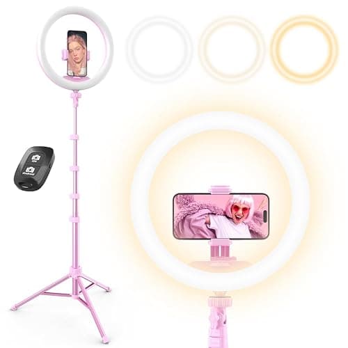 UBeesize 12β Selfie Ring Light with 62β Extendable Tripod Stand & Remote, LED Light with Phone Holder for Video Recording/Makeup/Content Creator (YouTube/TikTok/Twitch), Phone, Camera & Webcam (Pink) - Image 1