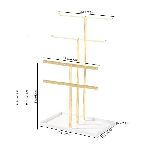 Necklace Bracelet Earring Holder Stand, Multi-Use Jewelry Display Organizer with Tray, T-Bar Metal Jewellery Organizer Stand, Jewelry Hanger Tower Rack for Women (Gold) thumbnail 3