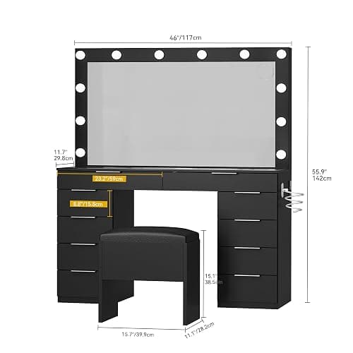 DWVO Glass Top Makeup Vanity Desk, 46" Vanity Set with Mirror and Lights, 10 Storage Drawer, Power Outlet, Chair, Makeup Table Set with Magnifying Glass thumbnail 2