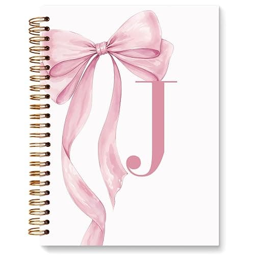 JXREQ Coquette Pink Bow Personalized Notebook, Initial Letter J Monogram Journal, Preppy Girly Ribbon Bow Journal, Monogrammed Gifts for Women, Aesthetic Spiral Notebook 5.5x8.3 - Image 1