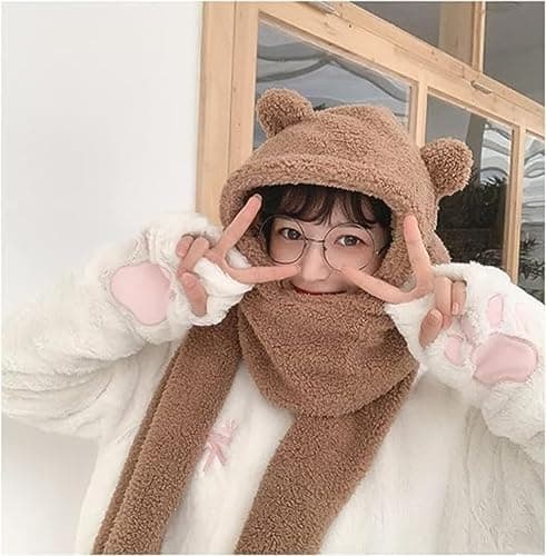 Women Kawaii Bear Ear Beanie Hat Scarf 2 in 1, Cute Winter Warm Sherpa Thicken Fleece Fuzzy Japanese Fluffy Knit Hat thumbnail 4