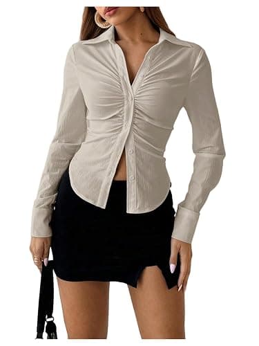 SOLY HUX Women's Button Down Ruched Blouse Long Sleeve Shirts Slim Fit Aesthetic Tops - Image 1