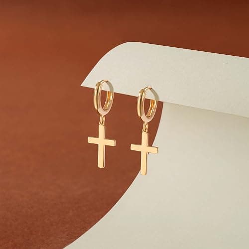 Gold Dangle Drop Hoop Earrings for Women Men Gold Plated Dainty Earrings Hypoallergenic Star Cross Huggie Hoops Jewelry for Everyday Wear thumbnail 4