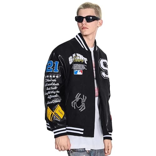 Arnodefrance Men Saint Savior Graphic Print Varsity Jacket Vintage Baseball Jackets streetwear Coats - Large - Black thumbnail 4