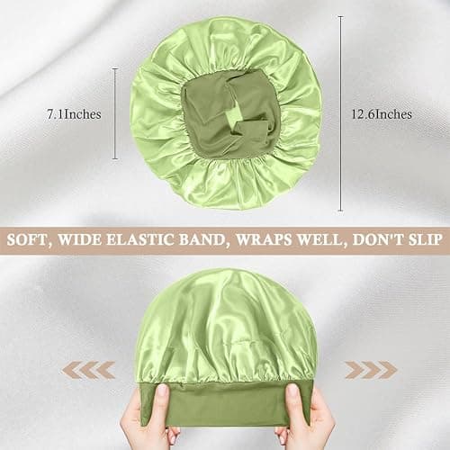 4Pcs Satin Bonnet Silk Bonnet, Hair Bonnet for Sleeping, Elastic Wide Band Silk Sleep Cap, Shower Cap Soft and Breathable (Green Series) thumbnail 3