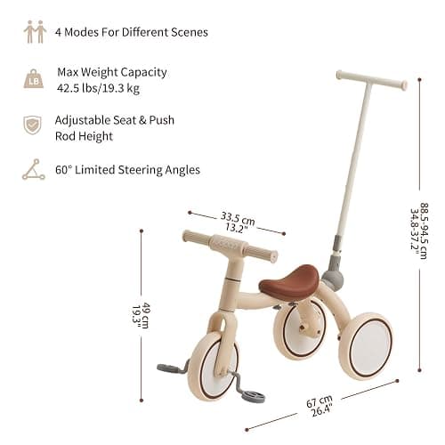 4-in-1 Toddler Tricycle with Adjustable Push Handle for 1-4 Year Old,Birthday Gift and Toy for Boys and Girls Removable Pedals Balance Bike&Scooter (Beige) thumbnail 3