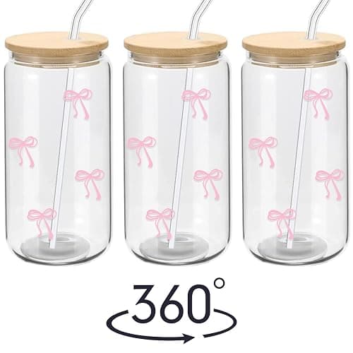 Mikopei Coquette Aesthetic Glass Cups with Lids and Straws - Pink Bow Iced Coffee Cup Decor, Cute Tumbler Smoothie with Cleaning Brush&Gift Box, Gifts for Girls Women Friends, 16 oz thumbnail 3