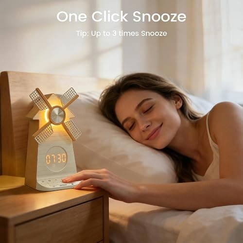 Sunrise Alarm Clock with Rotating Windmill, Easy Snooze Wake Up Light, 10 Natural Sounds & 10 White Noises, 4-Level Dimmer Bedside Night Light with 30/60/90 Min Timers, Sleep Aid Gift for Adults/Kids thumbnail 8