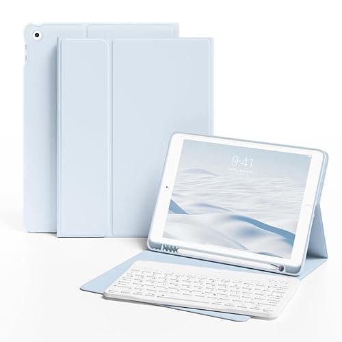 KVTVOU Case With Keyboard for iPad 9th / 8th / 7th Generation 2021/2020/2019 10.2 Inch, Soft TPU Case with Pencil Holder, Magnetic Detachable Bluetooth English Keyboard for iPad 9/8/7, White Ice - Image 1