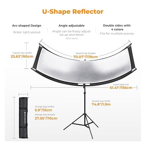 K&F CONCEPT U-Shape Reflector Curved Reflector 180x60cm with 4-in-1 Reflective Fabric, Black/Gold/White/Silver, with 1.9m Stand, with Storage Bag, for Photography Studios thumbnail 2
