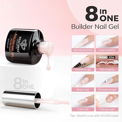 modelones Builder Nail Gel, 2 Pcs Clear and Cover Nude Builder Nail Polish, 8-in-One Apex Building Thickening Strengthener Extension Rubber Color Base Gel for DIY Home Salon Gifts LED Lamp Cured 10ml thumbnail 2