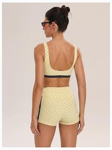 Milumia Women's Polka Dots Workout Set 2 Piece Color Block Bra Tank High Waisted Biker Shorts Layered Matching Yoga Outfit thumbnail 2