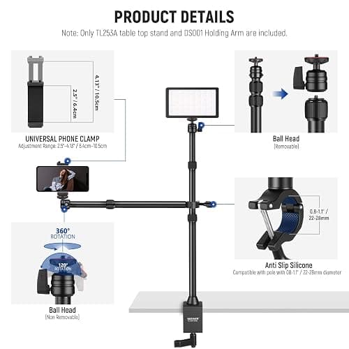 NEEWER TL253A+DS001 Table Camera Tripod with 2 Telescopic Arms, Phone Holder, Ball Heads, Screw Adapter, Table Light Stand for Camera, Mobile Phone, Webcam, Ring Light thumbnail 6