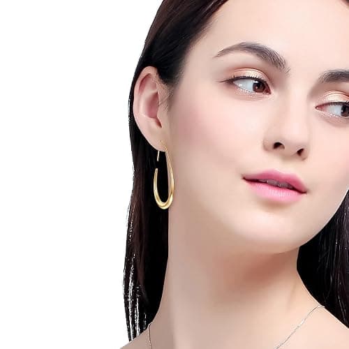 Lightweight Teardrop Hoop Earrings for Women - 14k Gold/White Gold Plated Large Oval Pull Through Hoop Earrings High Polished Statement Jewelry Gift for Women thumbnail 4
