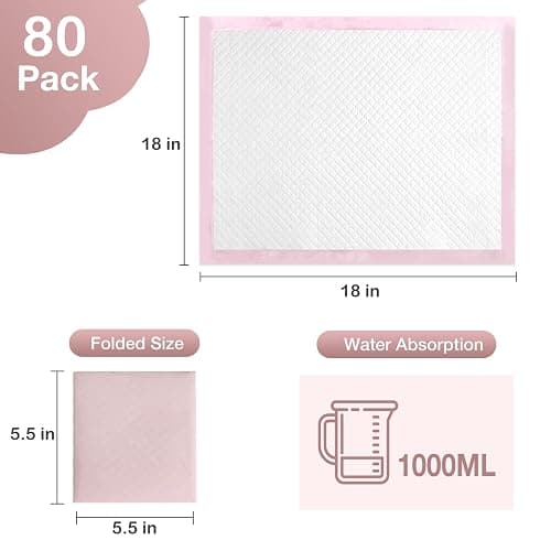 80 Count Disposable Baby Changing Pads, 18”x18” Pink – Super Absorbent Leakproof Quick-Drying, Soft Skin-Friendly Disposable Underpads for Infants, Mess-Free Diaper Changes at Home or On-The-Go thumbnail 2