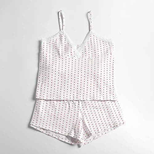 Seyurigaoka Women Y2k 2 Piece Lace Shorts Set Sleeveless V Neck Cami Top with Shorts Pajamas Sets Sleepwear - A Heart Print White - Small thumbnail 6