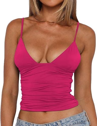 YFANG Women's Sexy Deep V-Neck Ruched Crop Tank Top Slim Fit Spaghetti Straps Crop Top thumbnail 5