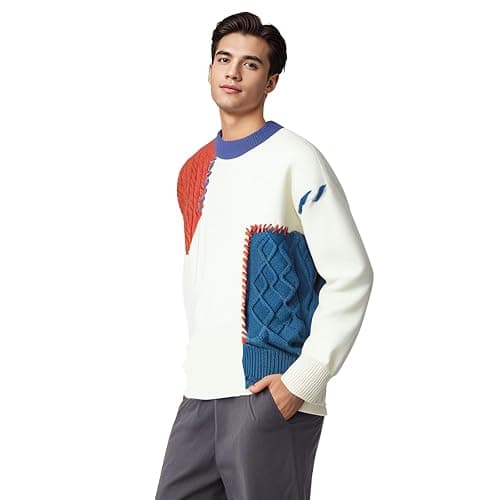 GURUNVANI Patchwork Sweater Mens Colorblock Jumper Cable Knitted Pullover Oversized thumbnail 4