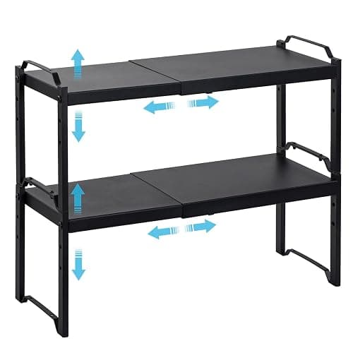 2 Pack Expandable Cabinet Countertop Shelves, Stackable Shelves Organizers For Kitchen Cabinet Countertop Storage, Adjustable Counter Cupboard Pantry Organizer Shelf Rack Stand, Length:20.5" - Image 1