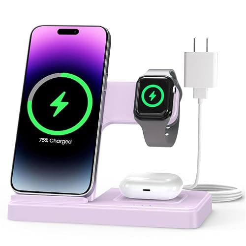 Wireless Charger Stand Charging Station: 3 in 1 Charger Multiple Devices for Apple iPhone 17 16e 16 15 14 Pro Max 13 12 11 for Watch 11 10 9 8 7 6 5 4 3 2 SE and Ultra & Airpods Series, Light Violet - Image 1