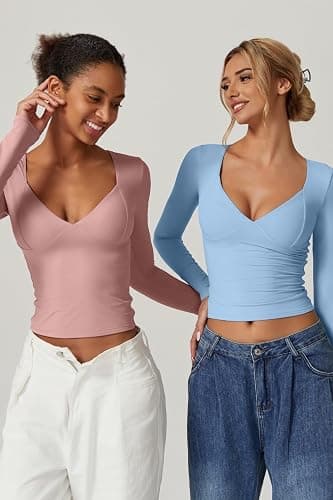 QINSEN Women's Long Sleeve V Neck T Shirts Double Lined Crop Top Seamed Cup Going Out Tops thumbnail 3