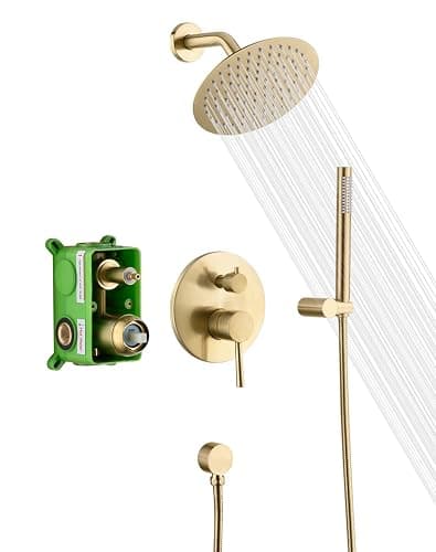 sumerain Brushed Gold Shower Faucet System with high pressure 8 Inches rain shower head and brass hand shower, Rough-In Valve Body and Trim Included - 2 Function - Brushed Gold - Image 1
