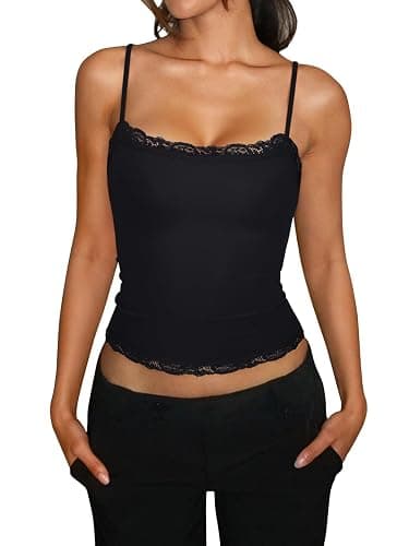 PINKMSTYLE Women's Sexy Square Neck Lace Cami Tank Tops Fitted Double Lined Sleeveless Crop Spaghetti Strap Summer Y2k Tops thumbnail 3