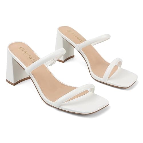 Avidirk Women's Square Open Toe Heeled Sandals Two Strap Mules Slip On Block Chunky Mid Heels Sandals - 9 - White thumbnail 3