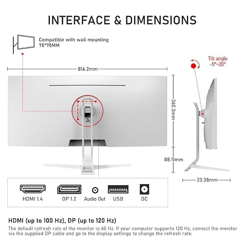 Gawfolk 34 Inch IPS Ultrawide 120Hz Gaming Computer Monitor, 21:9 UWFHD (2560x1080) PC Screen, 120% sRGB, Adaptive Sync, 178° Viewing Angle, Display Port, HDMI, Compatible with Wall mounting - White thumbnail 7