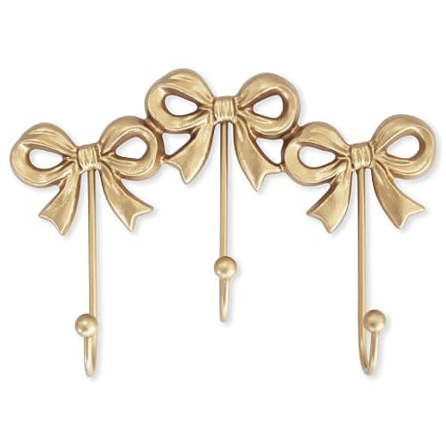 Small Bow Wall Hook,Gold Wall Mounted Functional Hooks,Antique Gold Cast Iron Hook for Coats,Bags, Bath Towels,Room Decorations,Girls Room,Bathroom,Office(Three-Bows Hooks:8.27x5.59 inches) - Image 1
