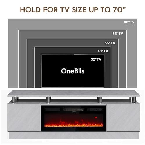 OneBlis 70" TV Stand for Living Room, Entertainment Center with Storage Cabinet, Fits TVs up to 80", Modern Media Console with Shelves, 36" Electric Fireplace (Grey+Black) thumbnail 7