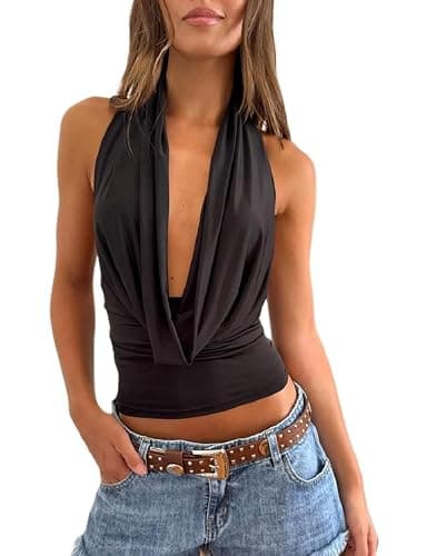 Y2k Halter Top for Women Sleeveless Cowl Neck Going Out Tank Tops Tie Up Backless Summer Crop Top - Image 1
