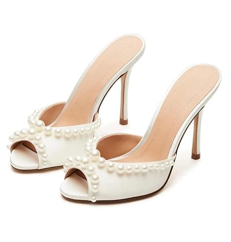 Yishaweiqi Women's Mesh Heeled Sandals Peep Toe Mules Slip on Stiletto High Heels Dress Sexy Slide Sandals - Image 1