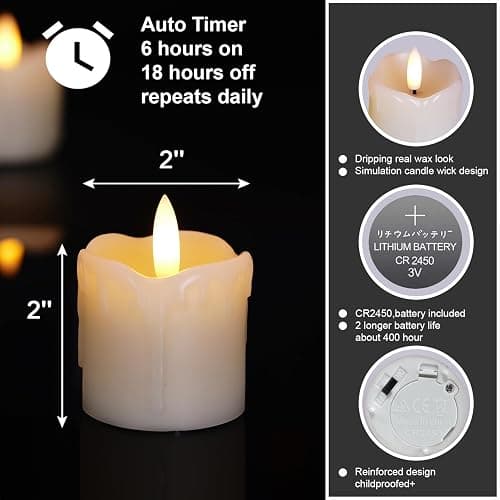 Homemory Flameless Votive Candles with Timer, 2" x 2" Real Wax, 400+Hour Realistic Black Wick Battery Operated Candles, Set of 6 for Wedding, Party and Holiday Decoration (Battery Included) thumbnail 2