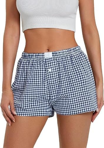 Women's Lounge Shorts Cute Soft Elastic Low Waist Plaid Print Button Front Pajama Bottoms Boxer Shorts Sleepwear - Image 1