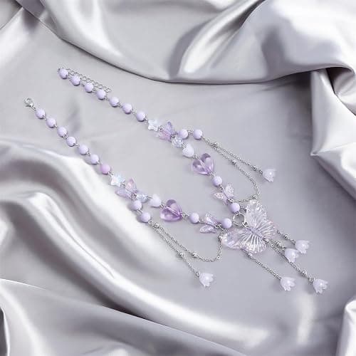 Layered Pearl Butterfly Choker Necklaces for Women,Vintage Crystal Beaded Pendant Necklace Y2K Bow Heart Tassel Chain Necklace Jewelry thumbnail 4