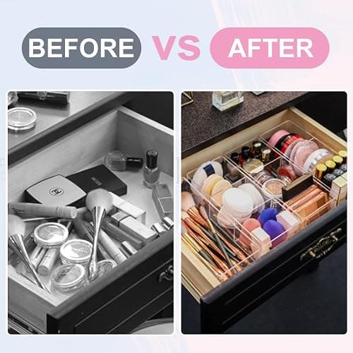 KARBAG Set of 2 Cosmetic Drawer Organiser, 3-Compartment & 1-Compartment Acrylic Makeup Organizer Stackable Organiser Makeup Vanity Organizer Trays Storage for Eyeshadow, Lipstick thumbnail 4