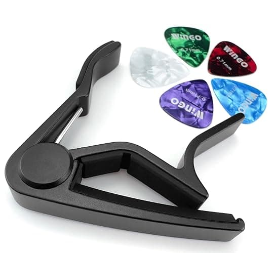WINGO Professional Capotasto Chitarra Alloy Capo per Chitarra Acustica Elettrica Bass Ukulele con 5 Plettri-Nero. thumbnail 4