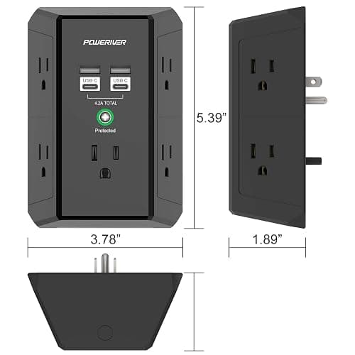 Multi Outlet Extender Surge Protector - POWERIVER Multi Plug Wall Outlet with 5 AC Outlets and 4 USB Ports(2USB C), 1680 Joules, Outlet Splitter for Home School Office, ETL, Black thumbnail 7