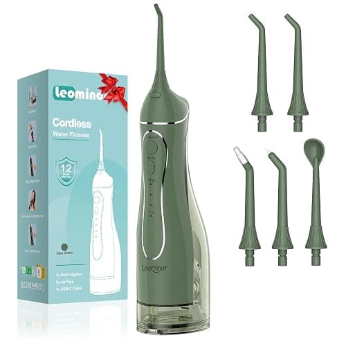 Leominor Water Dental Flosser Pick for Teeth, 300ML Portable Oral Irrigator Upgraded Tank Removable,IPX7 Waterproof, Rechargeable Travel Teeth Cleaner, Professional Electric Flossing Machine(O-Green) - Image 1