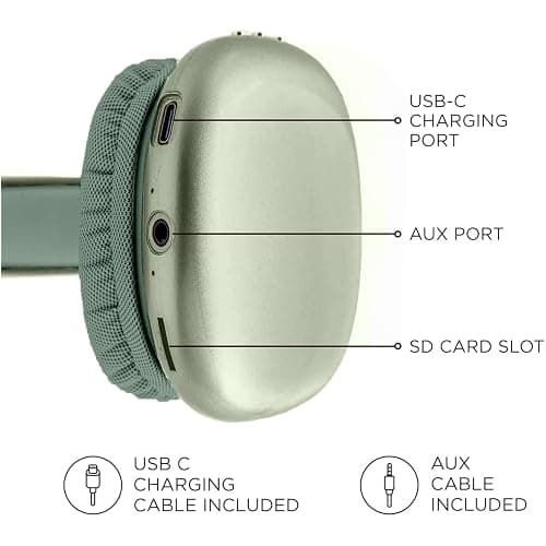 iJoy Ultra Wireless Headphones with Microphone- Rechargeable Over Ear Wireless Bluetooth Headphones with 10Hr Playtime, SD Slot, Backup Wire- Soft Cushion Wireless Headset with Mic (Green) thumbnail 3