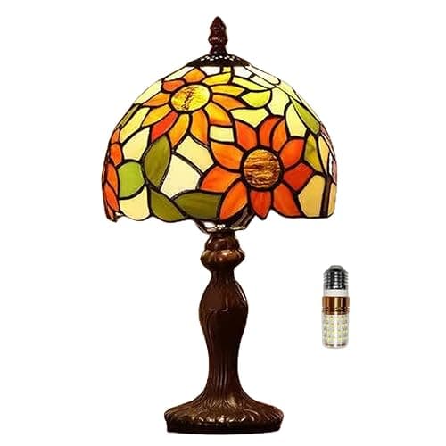 tuomoxte Tiffany Table Lamp,3 Color-Temperature Sunflower Stained Glass Lamp,8X8X15 Inch Small Accent Antique Nightstand Bedside Table Lamps for Bedroom Living Room Home Office Light +LED Bulb - Image 1