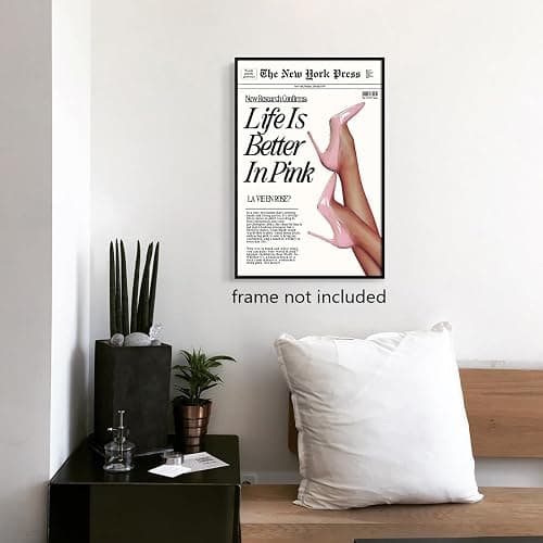 Retro Newspapaer Canvas Wall Art, Funny Life Is Better In Pink Quote Poster, Funky Pink High Heel Picture Girls Bedroom Wall Decor, Trendy News Headline Girly Dorm Apartment Art 12x16in Unframed thumbnail 3