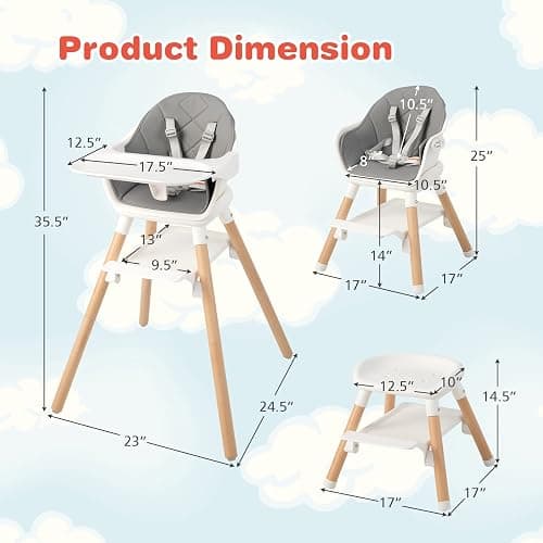 HONEY JOY Baby High Chair, 6 In 1 Convertible Wooden Highchair for Babies and Toddlers/Toddler Chair/Bar Stool, Removable Double Tray & Reversible Footrest, Safety Harness for Infant Boys Girls (Gray) thumbnail 3
