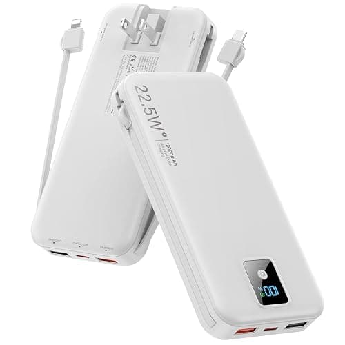Rngsnoy Portable Charger 12000mAh 22.5W w/Built-in Cable & Wall Plug White | 22.5W fast charging, LED display, Charging 5 devices at once, Pass through charging, TSA approved, Compatible with iPhone - Image 1